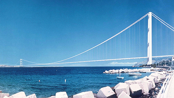 Vizualizace mostu, jen italská vláda plánuje postavit mezi Sicílií a italskou...