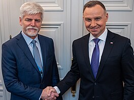 Zvolený prezident Petr Pavel p�i sch�zce s polským prezidentem Andrzejem Dudou...