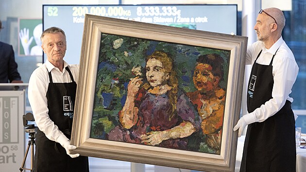 Obraz Oskara Kokoschky Žena a otrok vyvolávaných za rekordních 200 milionů korun se na aukci v Praze neprodal. (19. března 2023)