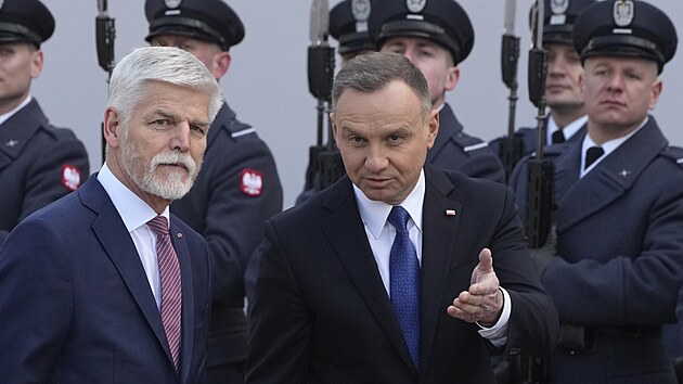Prezident Petr Pavel přijel do Polska, Andrzej Duda ho přijal s vojenskými poctami. (16. března 2023)