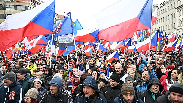 astnci demonstrace, kterou do centra Prahy na Vclavsk nmst svolala neparlamentn strana PRO. (11. bezna 2023)