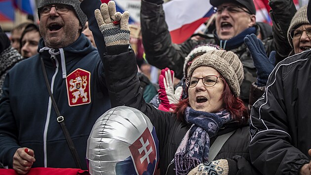 astnci demonstrace, kterou do centra Prahy na Vclavsk nmst svolala neparlamentn strana PRO (11. bezna 2023)