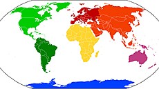 Mapa svta s barevn odlienými kontinenty, kterou pouívá napíklad i...