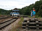 Dti vyhlíejí nostalgický vlak na nádraí Veleslavín v ervnu 2016.