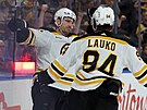 Jakub Lauko (94) a Garnet Hathaway (21) slaví gól Boston Bruins.