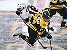 David Pastrák (88) z Boston Bruins padá, podrazil ho Tim Stützle (18) z Ottawa...