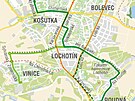 Na map� je zobrazeno, kudy by trolejbusy mohly v budoucnu jezdit po Severn�m...