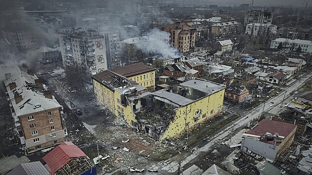 Letecký pohled na Bachmut, místo těžkých bojů s ruskými jednotkami v Doněcké oblasti na Ukrajině. (26. března 2023)