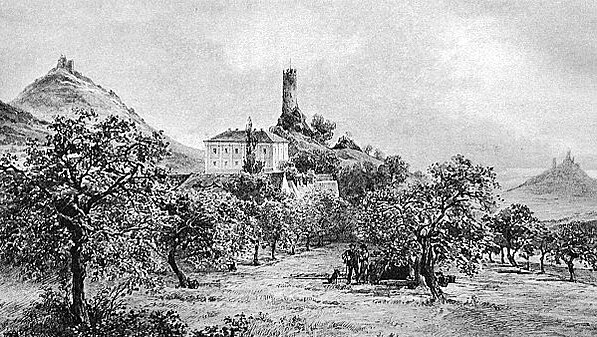 Kolov, Skalka a Hzmburk na kresb krajine Antonna Levho (18451897).
