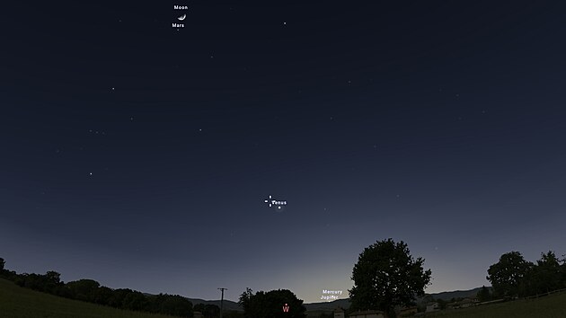 Vizualizace večerní oblohy 28. března 2023 s pěti planetami a Měsícem. Uran je...