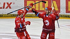 Třinečtí hokejisté Martin Růžička a Marko Daňo se radují z gólu do prázdné...