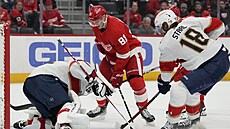 Dominik Kubalík (81) z Detroit Red Wings před gólmanem Sergejem Bobrovským z...