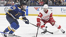 Jakub Vrána (15) ze St. Louis Blues se snaí obejít Piuse Sutera z Detroit Red...