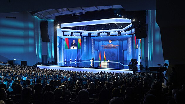Blorusk prezident Alexandr Lukaenko bhem projevu k nrodu (31. bezna 2023)