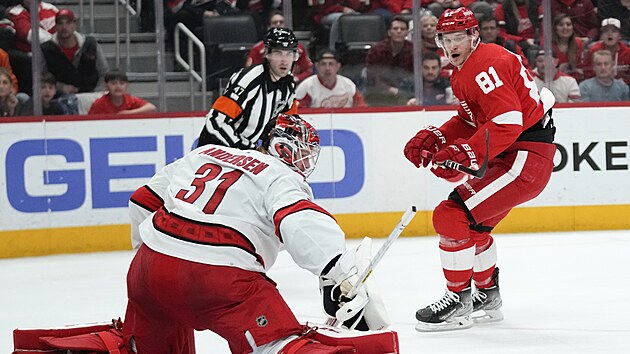 Frederik Andersen v brance Caroliny vyr�� st�elu Dominika Kubal�ka z Detroitu.