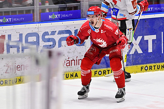 T�inecký úto�ník Andrej Nestra�il slaví gól proti Pardubicím.