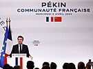 Emmanuel Macron po píletu do íny pronesl projev na setkání s francouzskou...