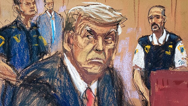 Donald Trump na skice pozen pi soudnm len v New Yorku (4. dubna 2023)
