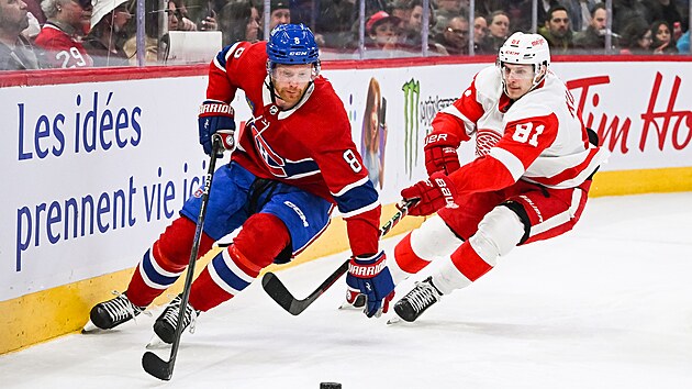 Dominik Kubal�k (vpravo) z Detroitu br�n� Mikea Mathesona z Montrealu.