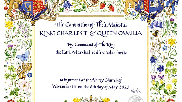 Pozvnka na korunovaci britskho krle Karla III., kter bude 6. kvtna 2023. Jeho manelka Camilla je na n poprv titulovna jako krlovna a ne jako krlovna cho. (Londn, 4. dubna 2023)