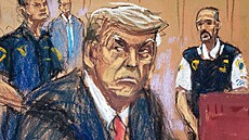 Donald Trump na skice pořízené při soudním líčení v New Yorku (4. dubna 2023)