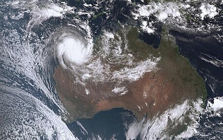 Cyklon Ilsa, který se prohánl nad západní Austrálií. (14. dubna 2023)