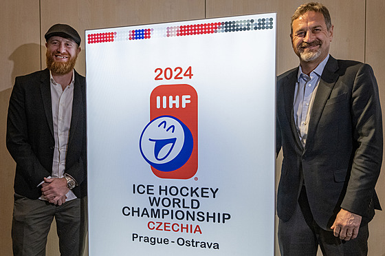Jakub Voráek a Petr Bíza s logem pro hokejové mistrovství svta v roce 2024.