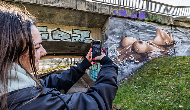 Nové graffiti na mostu u hradecké fakultní nemocnice budí zájem i odsudky. (20....