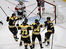 Hokejisté Bostonu oslavují gól v utkání proti Florid.