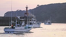 Rybá�ské lod� vyjí�d�jí z p�ístavu v Taiji v prefektu�e Wakayama na západ�...