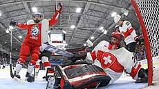 eské hokejistky skórují v zápase se výcarskem.