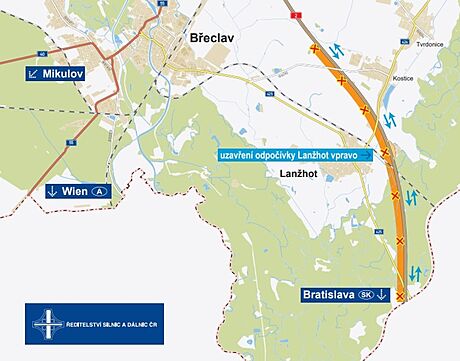 Plánek uzavírky dálnice D2, která potrvá od 1. kvtna do 4. ervna 2023.