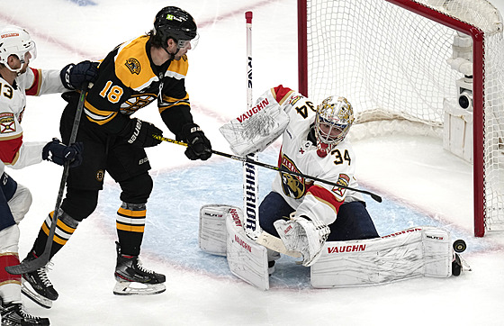 Pavel Zacha z Bostonu se sna�í p�ekonat Alexe Lyona v brance Floridy,