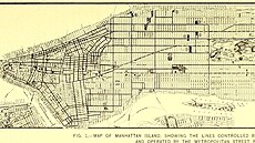 Mapka z roku 1884 zachycuje hustou sí nadzemních linek tramvají na Manhattanu....