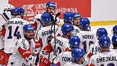 Čeští hokejisté se radují z výhry nad Slovenskem.