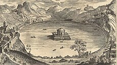 Pohled na jezero Nemi s chrámem uprosted jezera