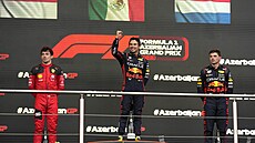 Nejlepí závodnici Velké ceny Ázerbájdánu. Vítz Sergio Pérez z Red Bullu...
