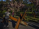 Lidé se fotografují u rozkvetlých strom a protitankových jek v parku v...