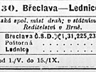 Jízdní ád trati BeclavLednice z roku 1921