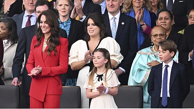 Princezna Kate, princezna Eugenie, princezna Charlotte a princ George na koncert v rmci oslav korunovace krle Karla III. (Windsor, 7. kvtna 2023)