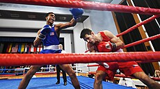 Americký boxer Omari Jones (vlevo a Milo Bartl pi ústecké Grand Prix