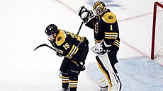 Zklamaní hrái Bostonu po vyazení v prvním kole play off NHL.