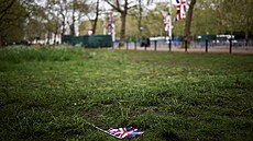 Osamlá vlajeka Spojeného království ztracená uprosted trávy. Den po...
