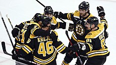 David Krejí (46) skóroval,  hokejisté Boston Bruins oslavují.