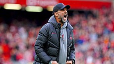Liverpoolský trenér Jürgen Klopp v euforii b�hem zápasu anglické Premier League...