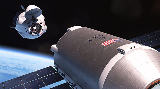 Crew Dragon během dokování ke stanici Haven-1 v představách ilustrátora.