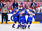 Hokejisté Slovenska se radují po gólu do sít eska v prvním zápase na MS v...