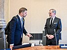 Premiér Petr Fiala a ministr vnitra Vít Rakuan na jednání vlády 10. kvtna 2023