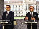 Premiér Petr Fiala a ministr financí Zbynk Stanjura po jednání vlády s odbory...
