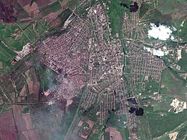 Satelitní snímek ukazuje pohled na Bachmut na Ukrajině. (15. května 2023)